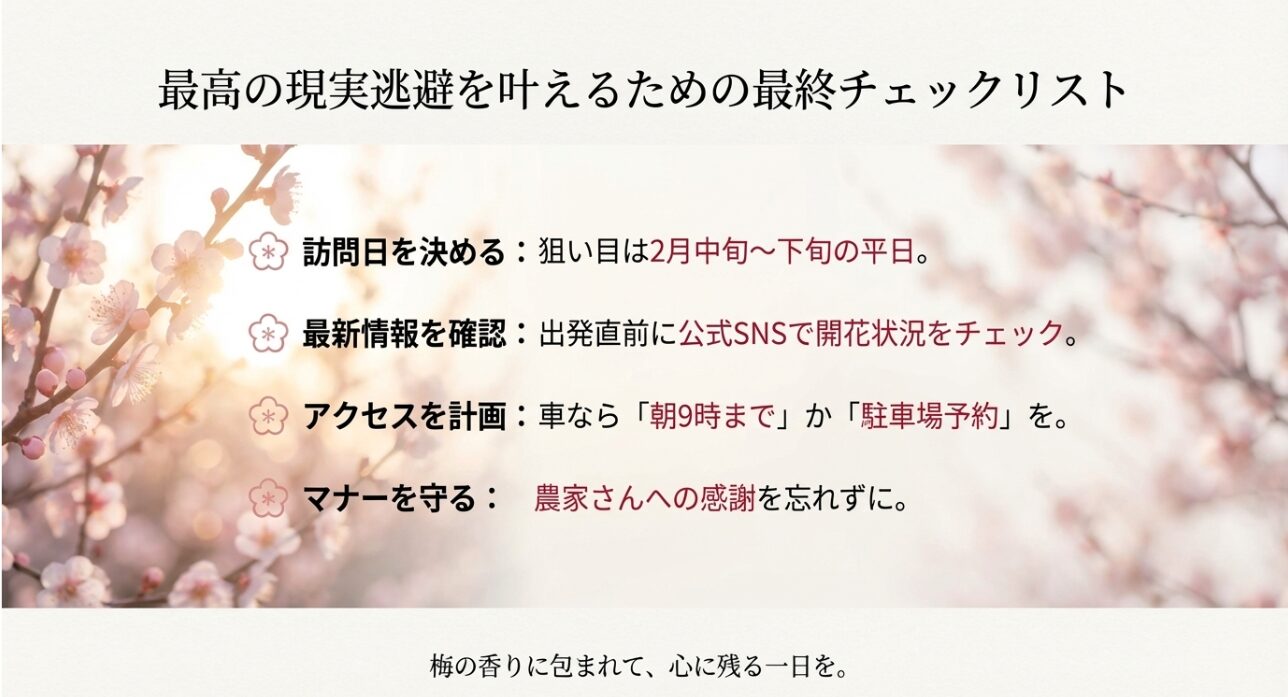 訪問日、最新情報、アクセス、マナーの4項目をまとめた最終チェックリスト