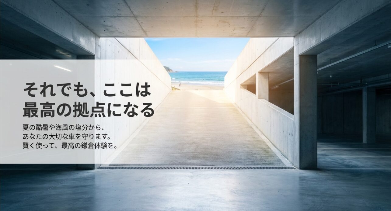 酷暑や塩害から車を守れる地下駐車場のメリットを伝え、最高の鎌倉体験を促すまとめスライド