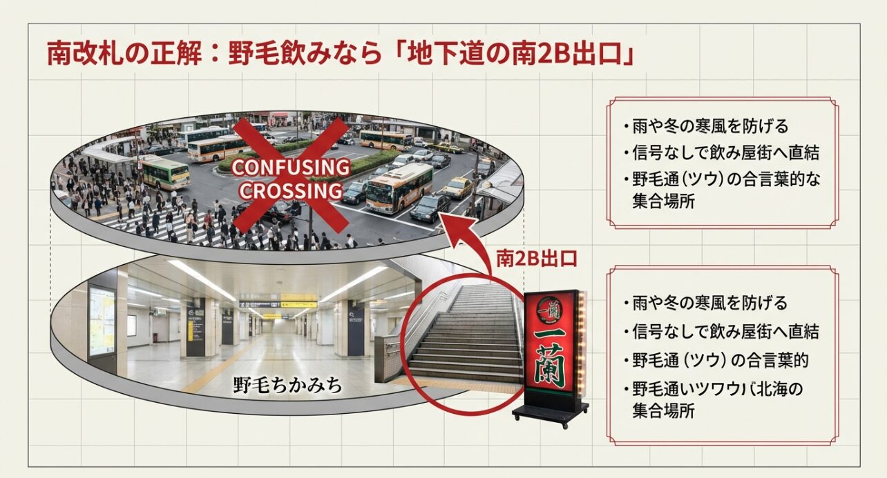 野毛の飲み屋街に直結する地下道「野毛ちかみち」の南2B出口、一蘭前の待ち合わせ場所解説