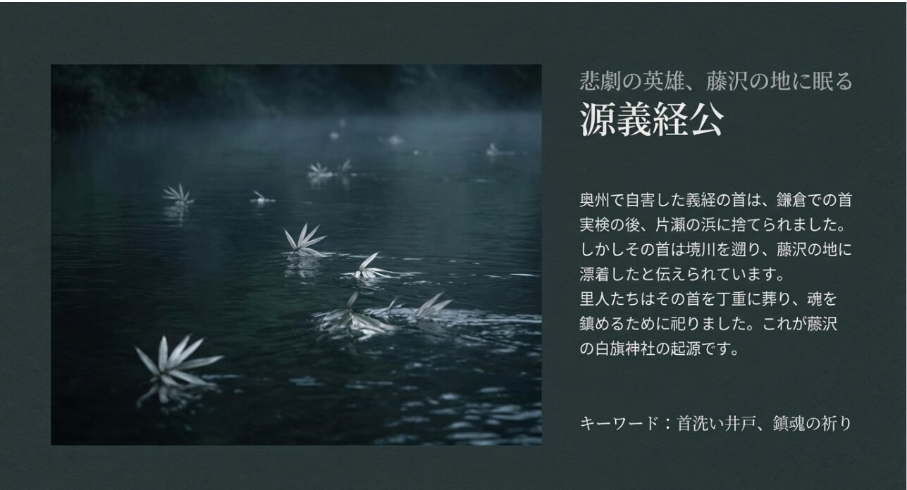 鎌倉幕府創設者・源頼朝公を祀る法華堂跡と天下人を惹きつけるリーダーシップについて解説したスライド画像 。