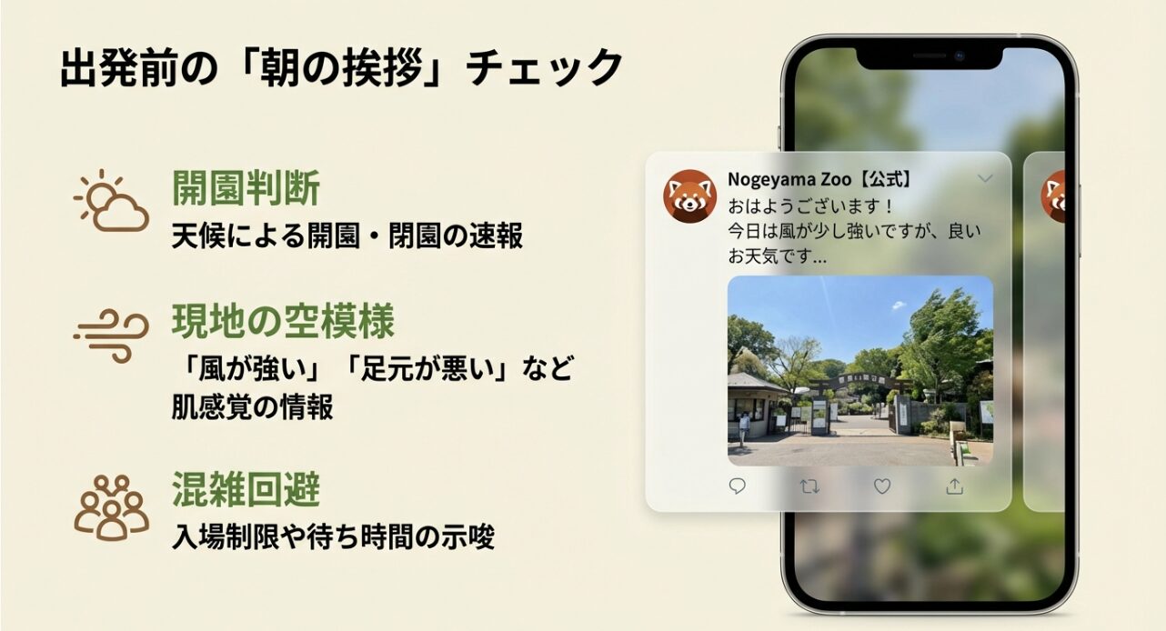 開園判断、天候、現地の空模様など、出発前にTwitterで確認すべき項目をまとめたスライド 。