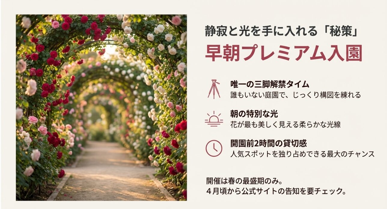 開園前2時間の貸切状態で三脚が使用でき、特別な光の中でローズトンネルなどを独占撮影できる早朝入園の紹介