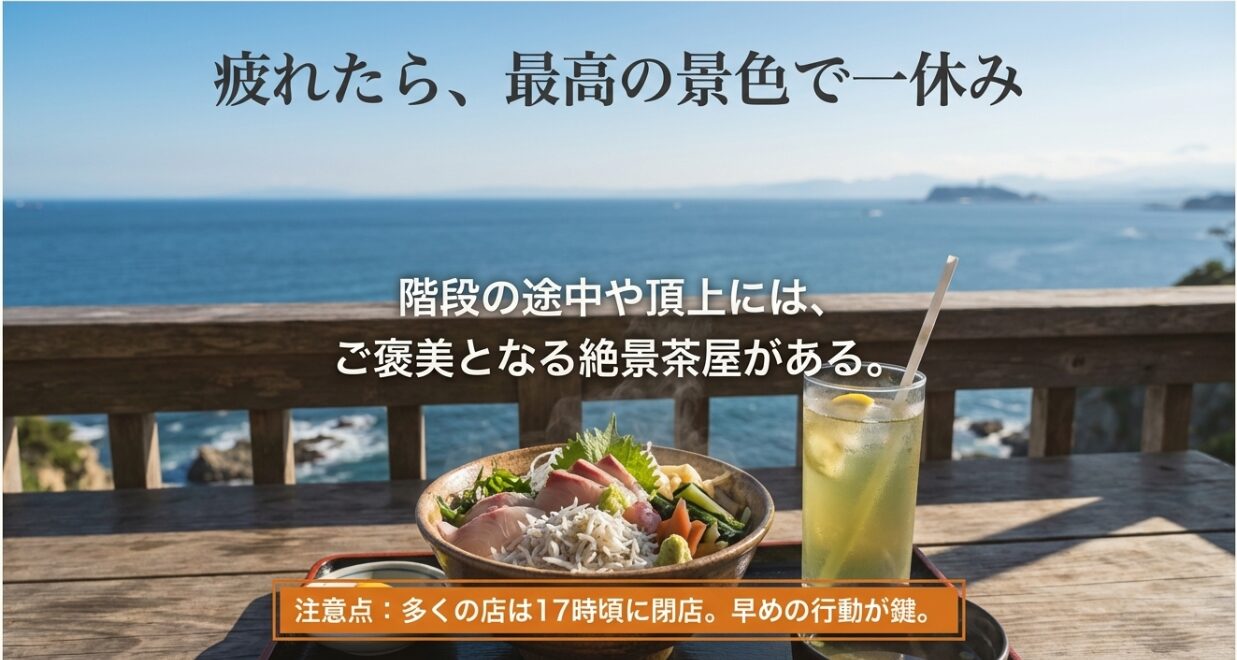 階段の途中や頂上にある絶景茶屋での休憩のすすめと、17時閉店が多いという注意点。