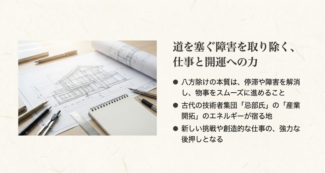 障害を取り除き物事をスムーズに進める本質と、忌部氏の産業開拓のエネルギーについての解説スライド