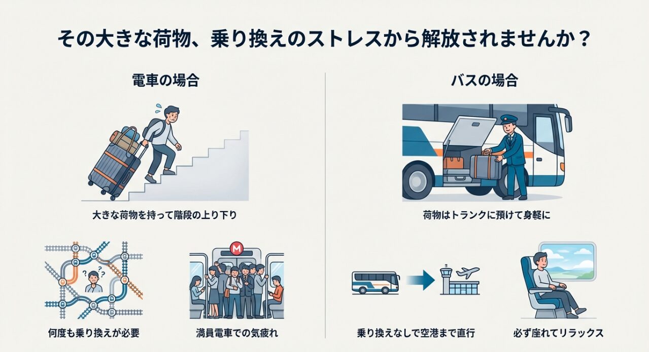 電車移動とバス移動の比較図 。電車は大きな荷物を持っての階段移動や乗り換え、満員電車のストレスがあるが 、バスは荷物をトランクに預けられ