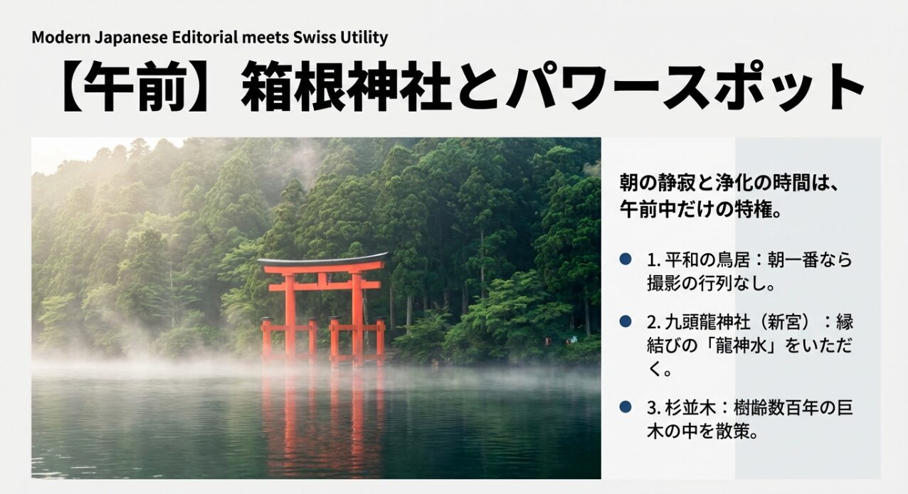 霧に包まれた芦ノ湖の平和の鳥居の写真と、九頭龍神社や杉並木散策など、午前中の静寂を楽しむパワースポット巡りのポイントをまとめたスライド。