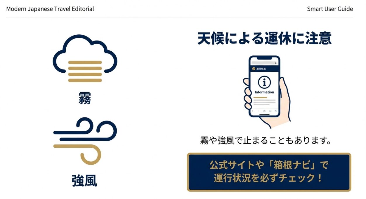 霧や強風による運休に注意し、公式サイトや「箱根ナビ」で運行状況を確認することを促すスライド。