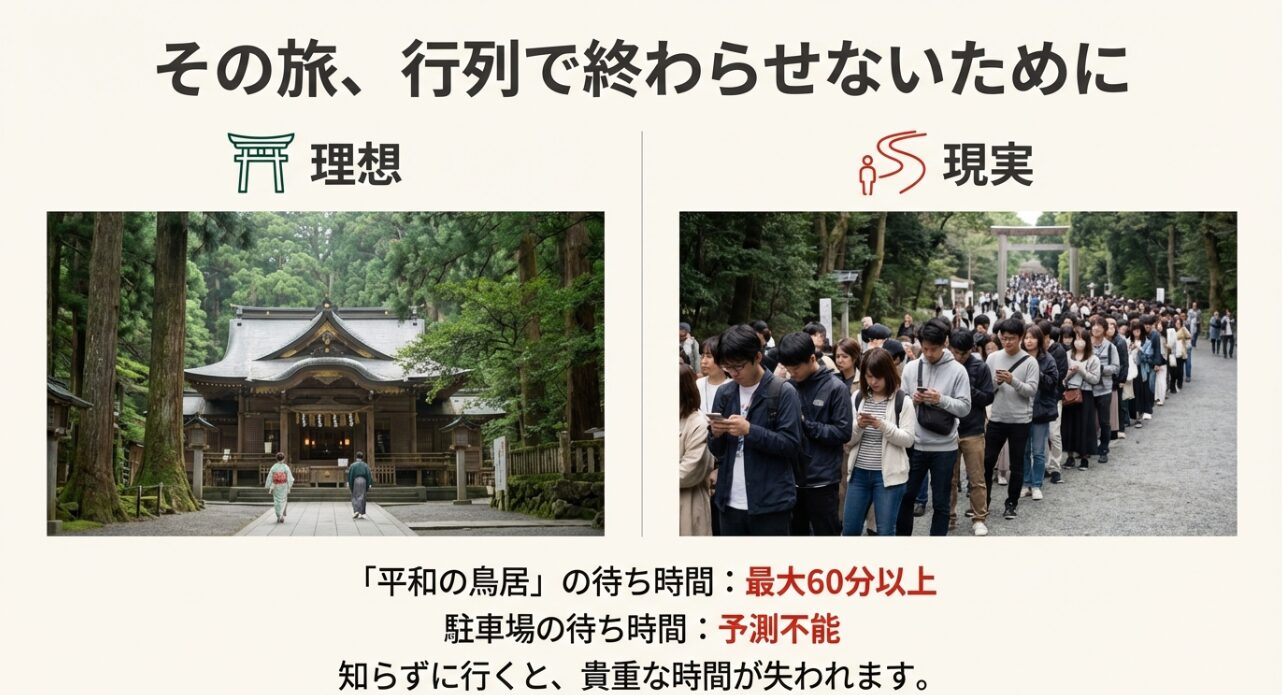 静かな箱根神社の理想の姿と、平和の鳥居や駐車場で発生する大行列の現実を比較した画像。