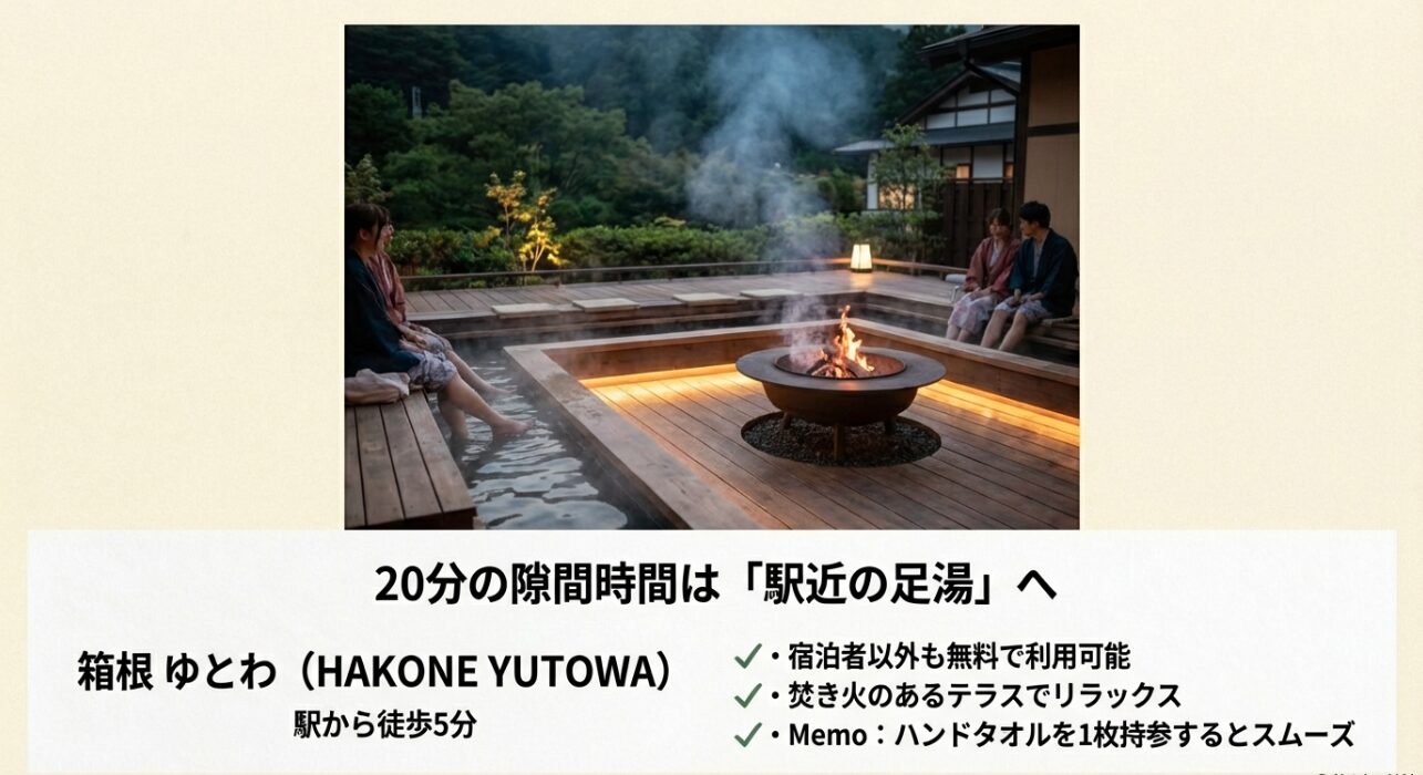 駅から徒歩5分の「箱根 ゆとわ」にある、宿泊者以外も無料で利用可能な焚き火テラス付き足湯を紹介するスライド。