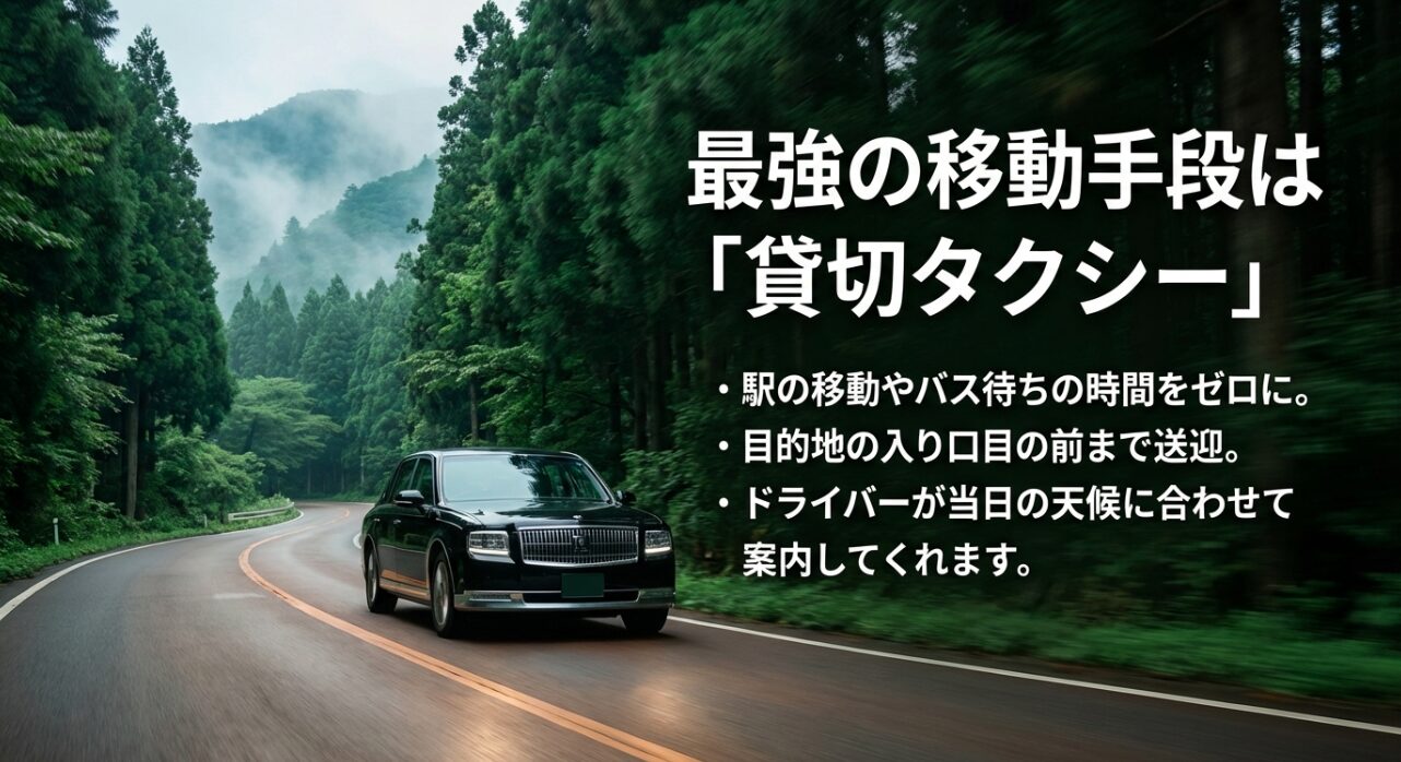 駅の移動やバス待ち時間をゼロにし目的地の目の前まで送迎してくれる貸切タクシーの紹介スライド