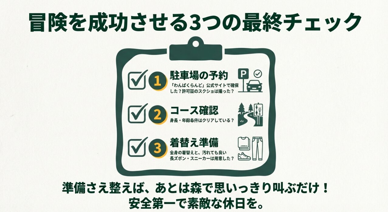 駐車場の予約確認、コース条件の確認、着替えと服装の準備という3つの最重要チェックポイント