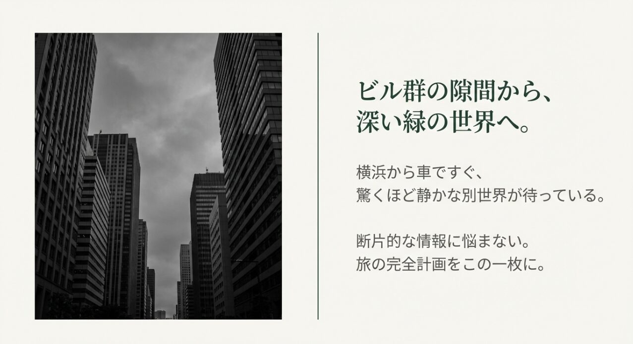 高層ビル群のモノクロ写真から、丹沢湖の静かな別世界への旅を象徴するイメージ。