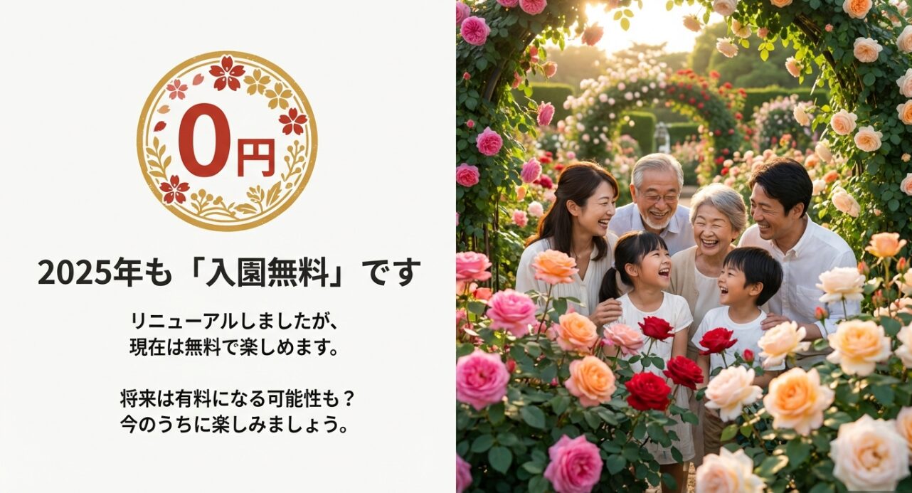 2025年も入園無料であることを伝えるスライド。リニューアル後も現在は無料で、将来的に有料化の可能性があることも示唆しています。