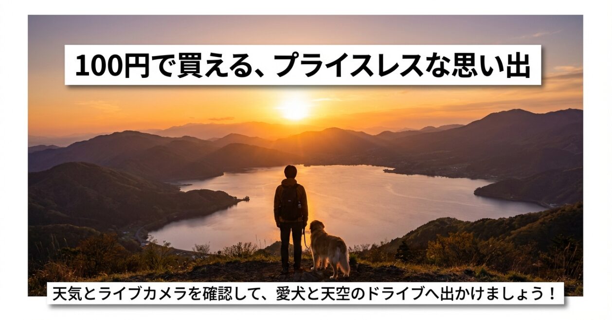 100円で買えるプライスレスな思い出という文字と愛犬とのドライブ推奨メッセージ