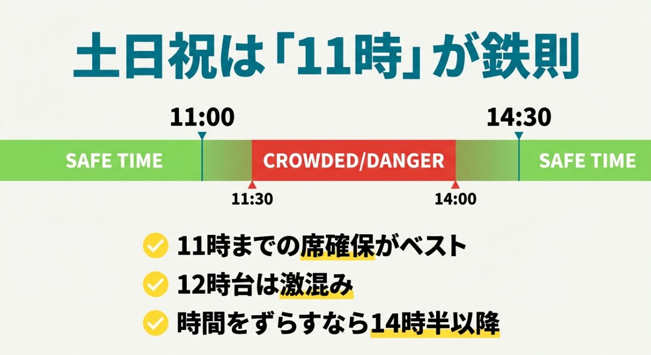 11時から14時半までの混雑状況を示すグラフ。11時までの席確保がベストで、12時台が激混み、時間をずらすなら14時半以降を推奨している
