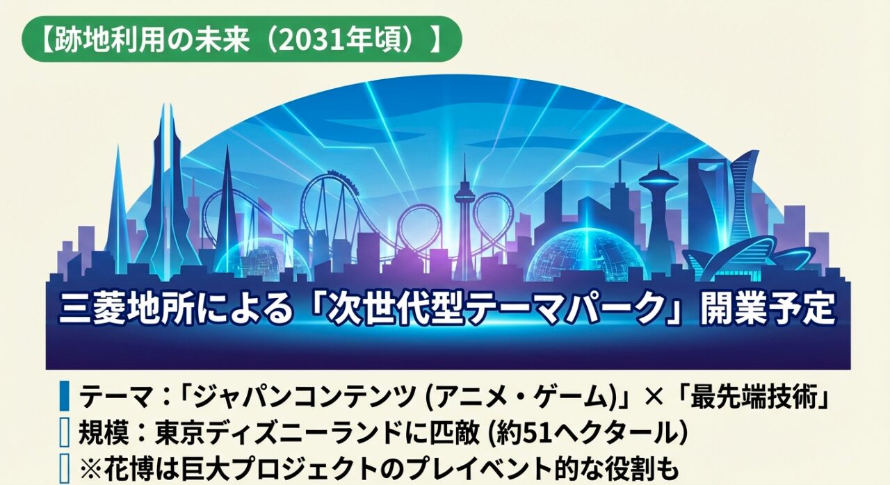 2031年開業予定の次世代型テーマパーク構想のスライド。三菱地所によるアニメ・ゲーム等