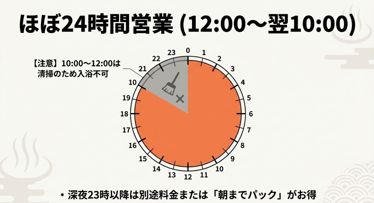 24時間時計の図解。12時から翌朝10時までが営業、10時から12時が清掃による入浴不可時間であることを示すチャート。