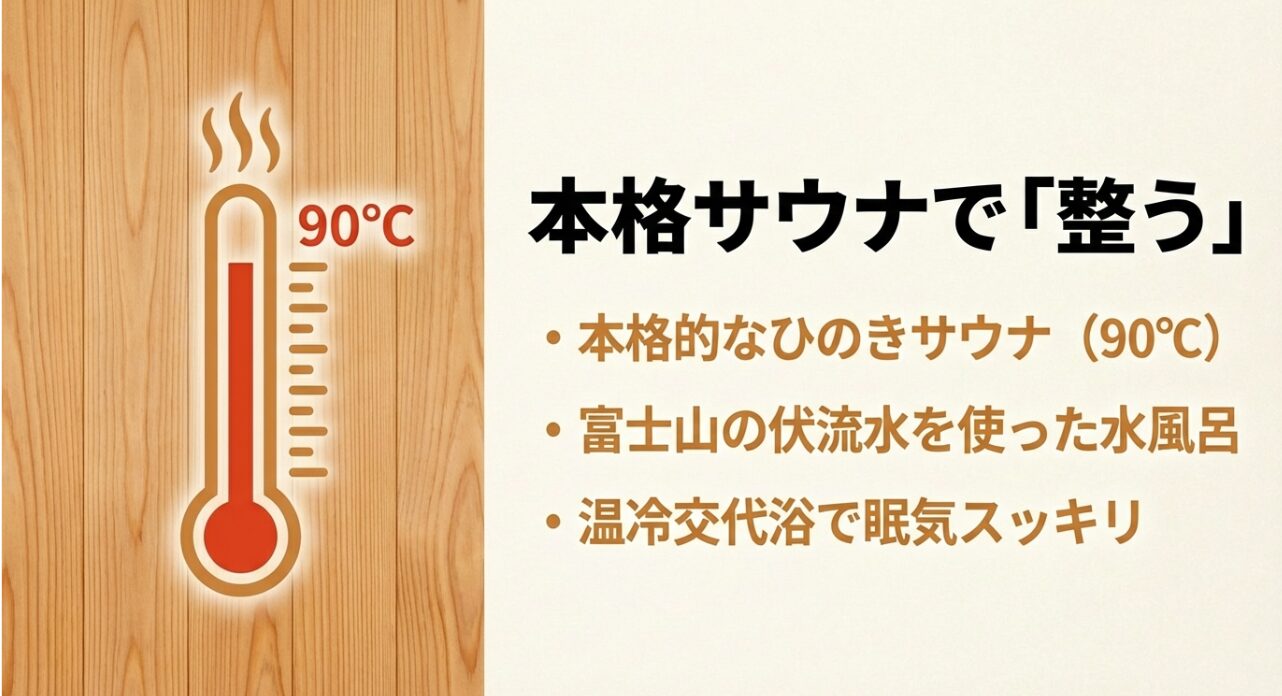 90℃の本格的なひのきサウナと、富士山の伏流水を使った水風呂による温冷交代浴のメリットを紹介するスライド。