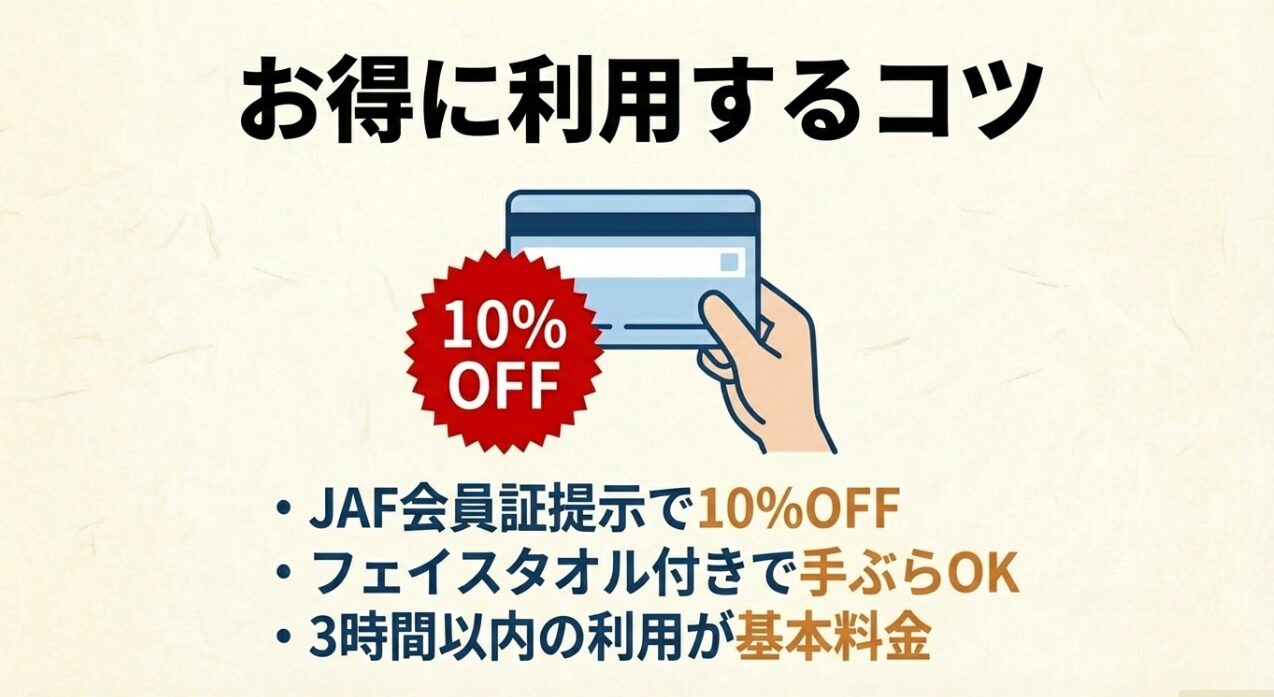 JAF会員証を提示することで10%OFFの割引が受けられることや、タオル付きで手ぶら利用可能な点を解説。