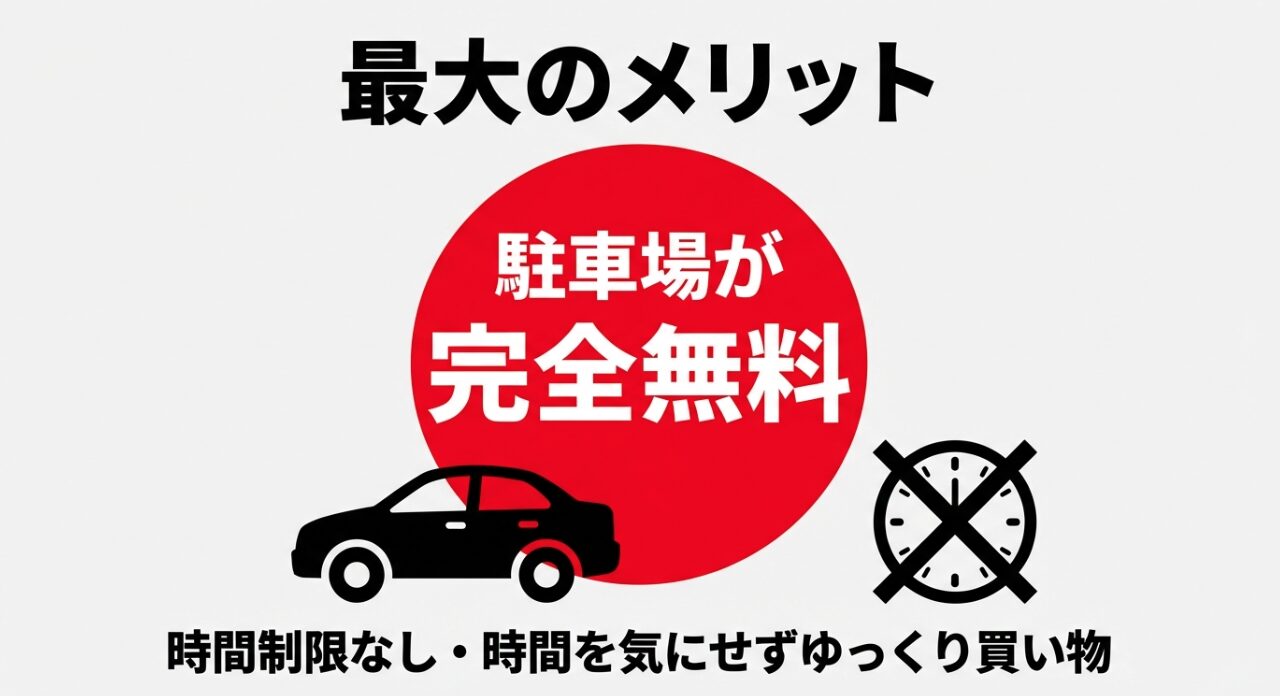 「駐車場が完全無料」と「時間制限なし」を強調する、時計にバツ印がついたアイコンのスライド