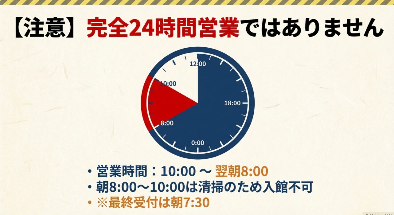 あしがら湯の営業時間を表す時計の図。1000から翌朝800までが営業、朝800から1000が清掃のため入館不可