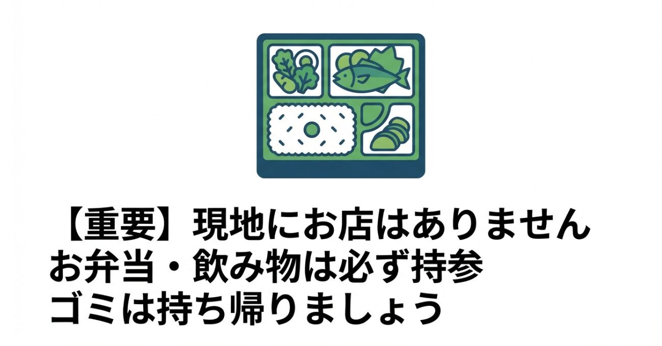 お弁当のイラストとともに、現地に売店がないためお弁当と飲み物の持参が必要であることを伝えるスライド。