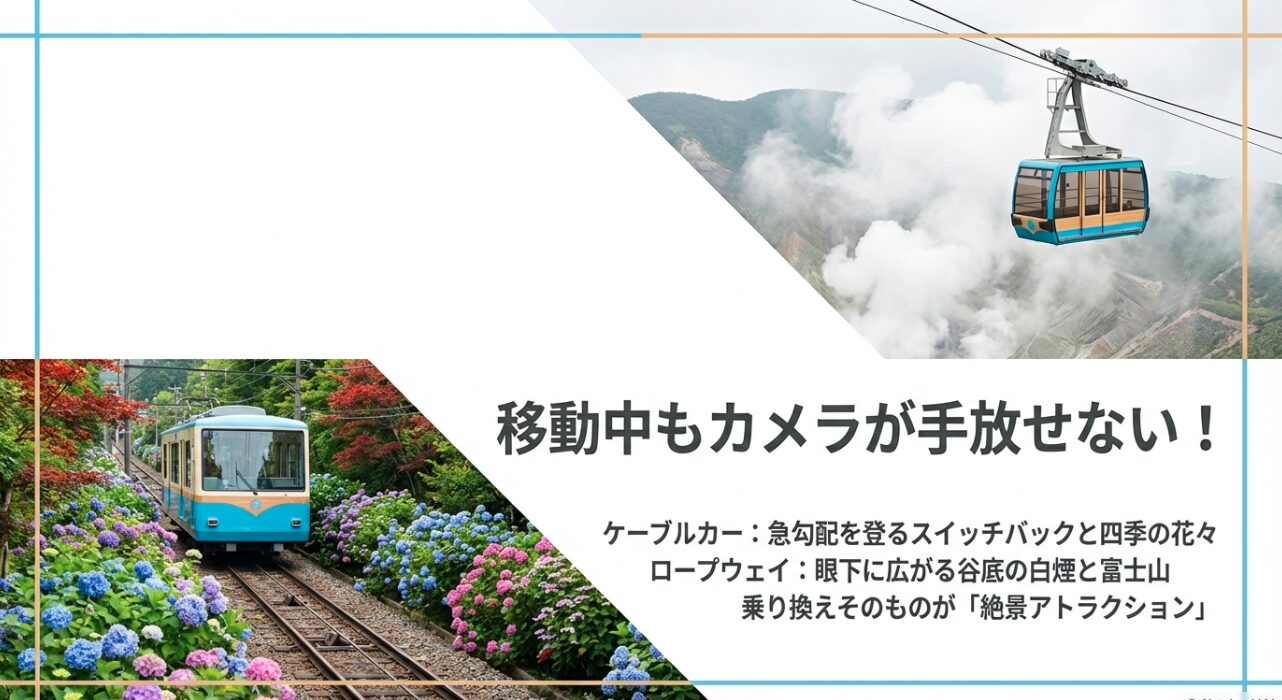 ケーブルカーの急勾配やロープウェイから見える大涌谷・富士山の絶景について触れ、移動そのものが楽しみであることを伝えるスライド。