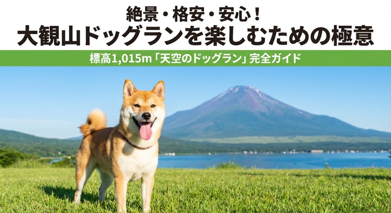 富士山を背景に芝生に立つ柴犬と大観山ドッグランのタイトル文字