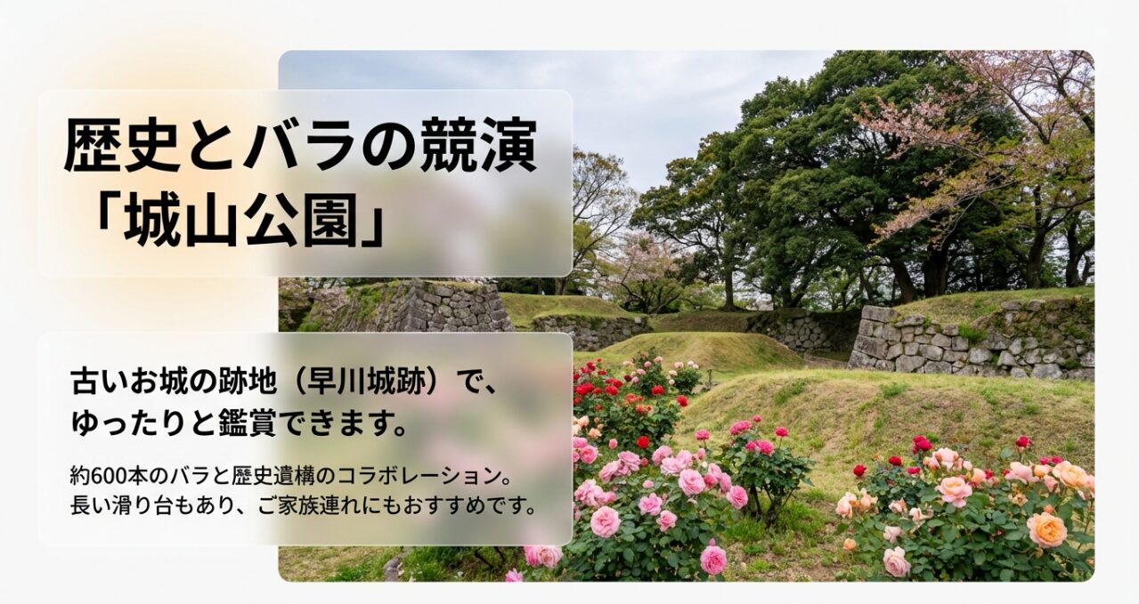 早川城跡の歴史遺構と約600本のバラがコラボレーションする城山公園の紹介。長い滑り台もあり家族連れにおすすめと記載。