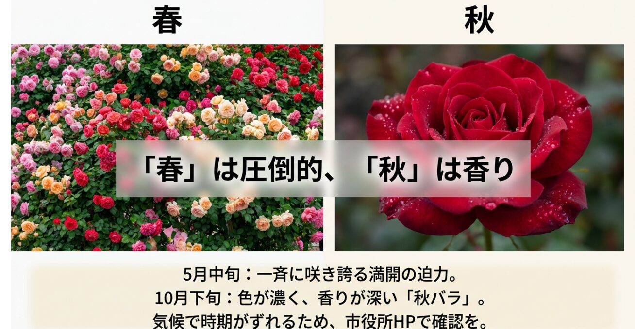 5月中旬の春バラ(圧倒的迫力)と10月下旬の秋バラ(色の濃さと香り)の違いを解説するスライド。