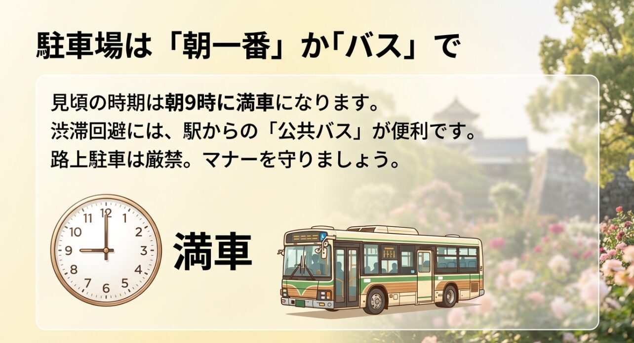 見頃時期は朝9時に満車になるため、朝一番の到着か公共バスの利用を推奨する案内スライド。路上駐車厳禁のマナー喚起も含まれています