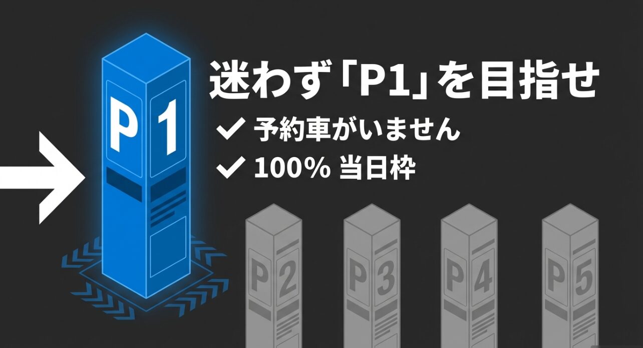 P1駐車場は予約車枠がなく、100%当日枠であることを説明し、予約なしの場合は優先的に目指すべきだと解説するスライド。