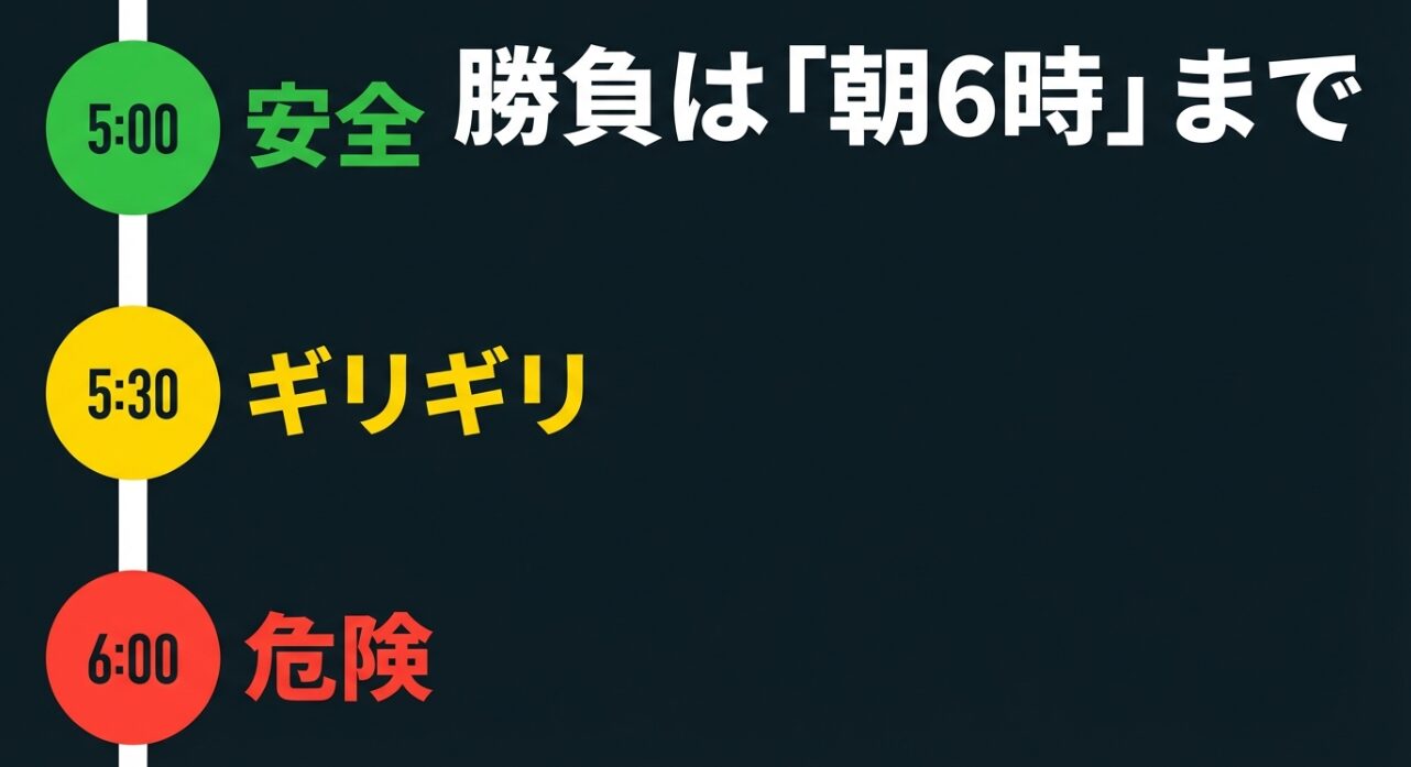 朝5:00は安全、5:30はギリギリ、6:00は危険といった、入庫の可否を分ける時間帯のデッドラインを示すスライド