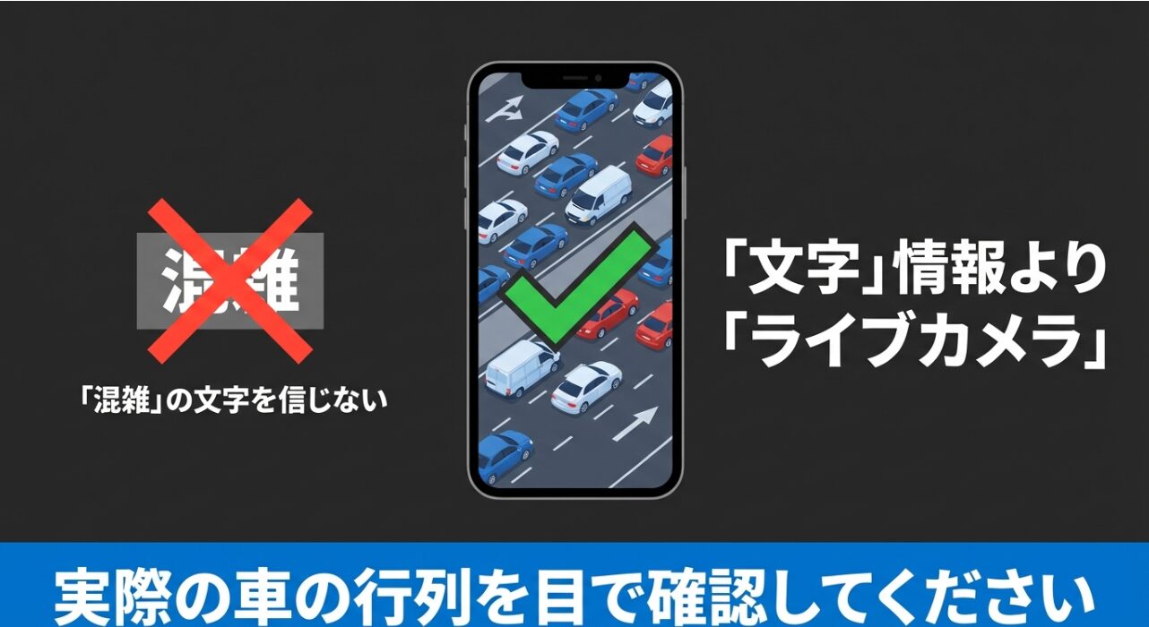 公式サイトの「満車・混雑」という文字情報だけでなく、実際の行列をライブカメラで確認して判断することを推奨するスライド。