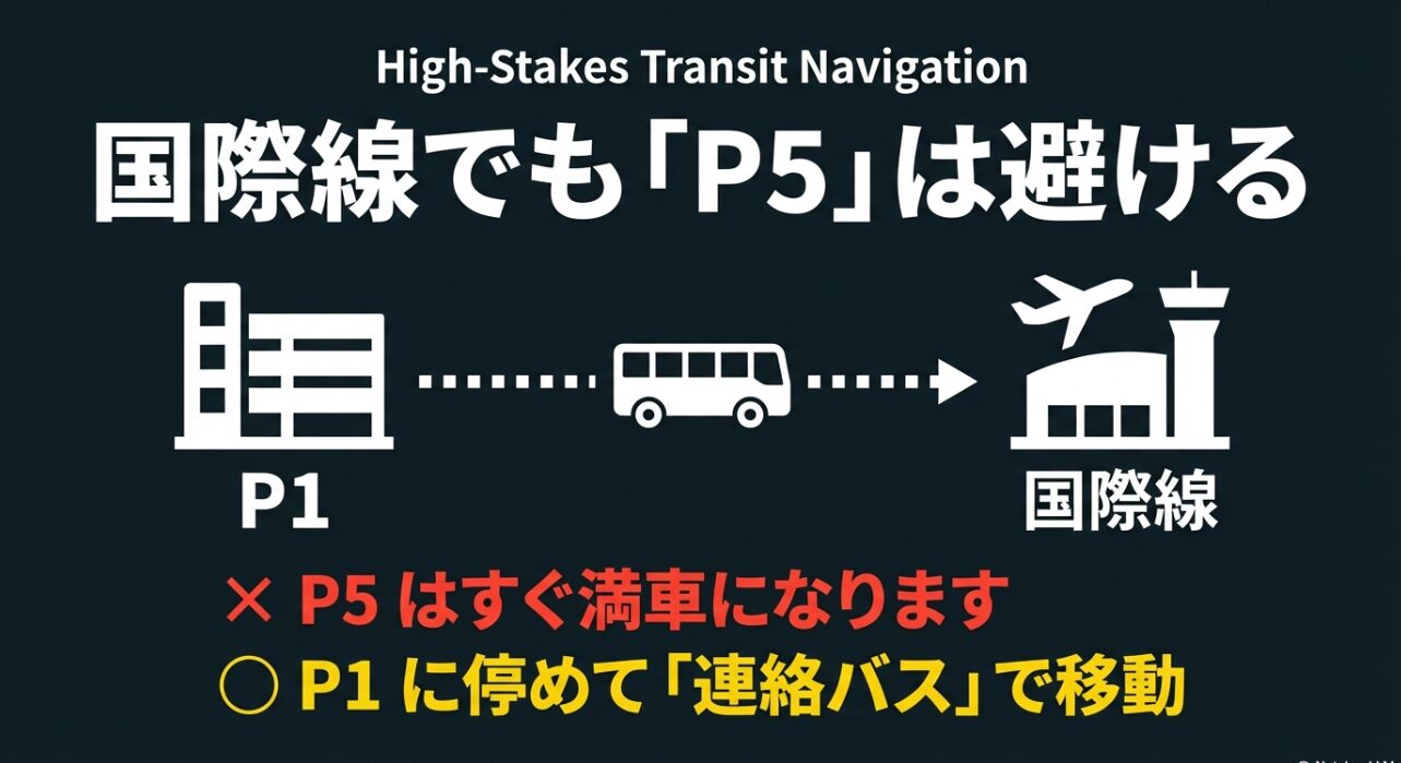 混雑しやすいP5を避け、P1に駐車してから無料連絡バスで第3ターミナルへ移動する賢い回避策を解説するスライド。
