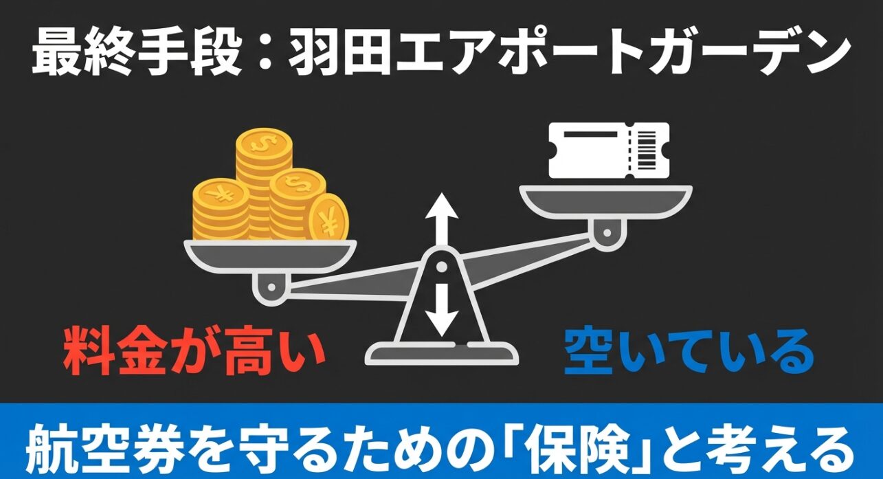 料金は高いが空いている可能性が高い羽田エアポートガーデンを、フライトを逃さないための保険として紹介するスライド。