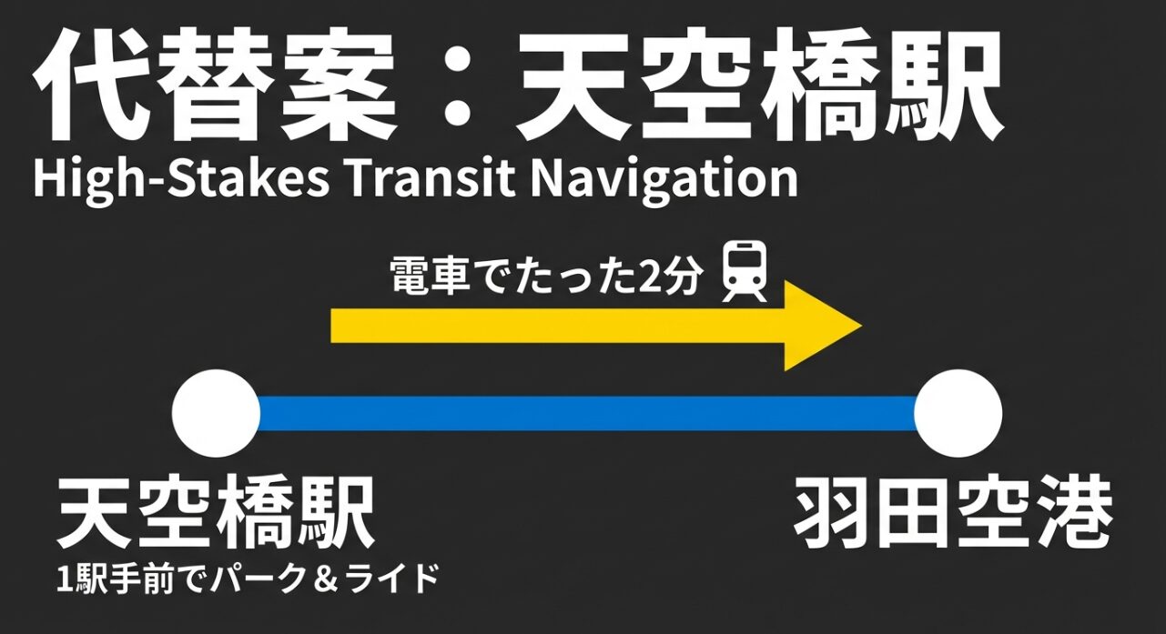 空港まで電車で2分の天空橋駅周辺でパークアンドライドを行うことで、確実に空港へ到着する方法を提案するスライド。