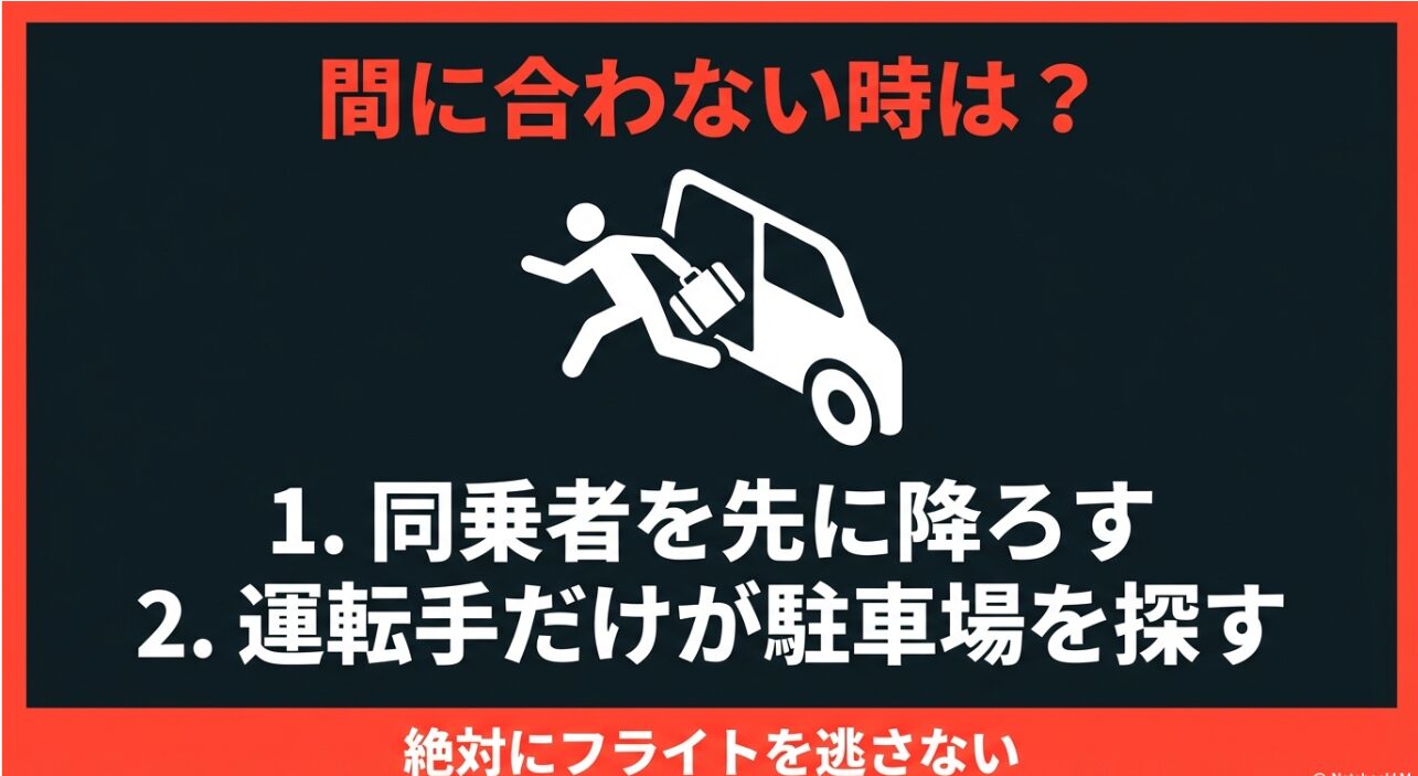 駐車場が見つからずフライトに遅れそうな緊急事態に、同乗者を先に降ろすなど優先すべき行動をまとめたスライド。