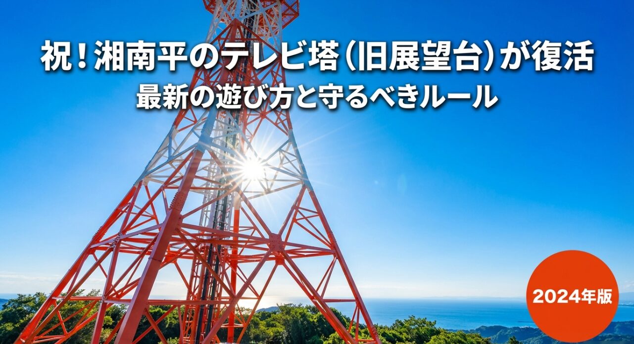祝！湘南平のテレビ塔（旧展望台）が復活 最新の遊び方と守るべきルール 2024年版」と書かれたガイド資料の表紙。