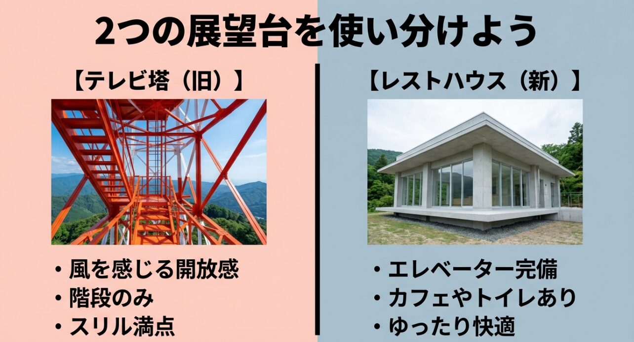 2つの展望台の使い分けガイド。テレビ塔は「風を感じる開放感・階段・スリル」、レストハウスは「エレベーター・カフェ・快適」といった特徴を比較した図解。