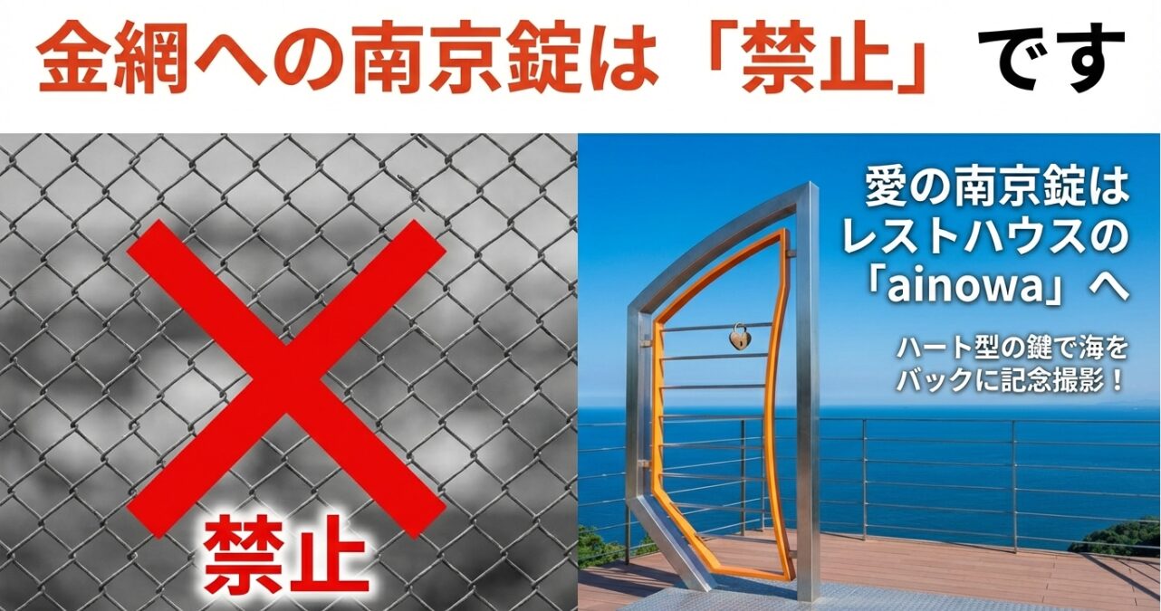 金網への南京錠は禁止であること、新しい設置場所としてレストハウス3階の「ainowa」を案内し、ハート型の鍵で撮影を推奨しているスライド。