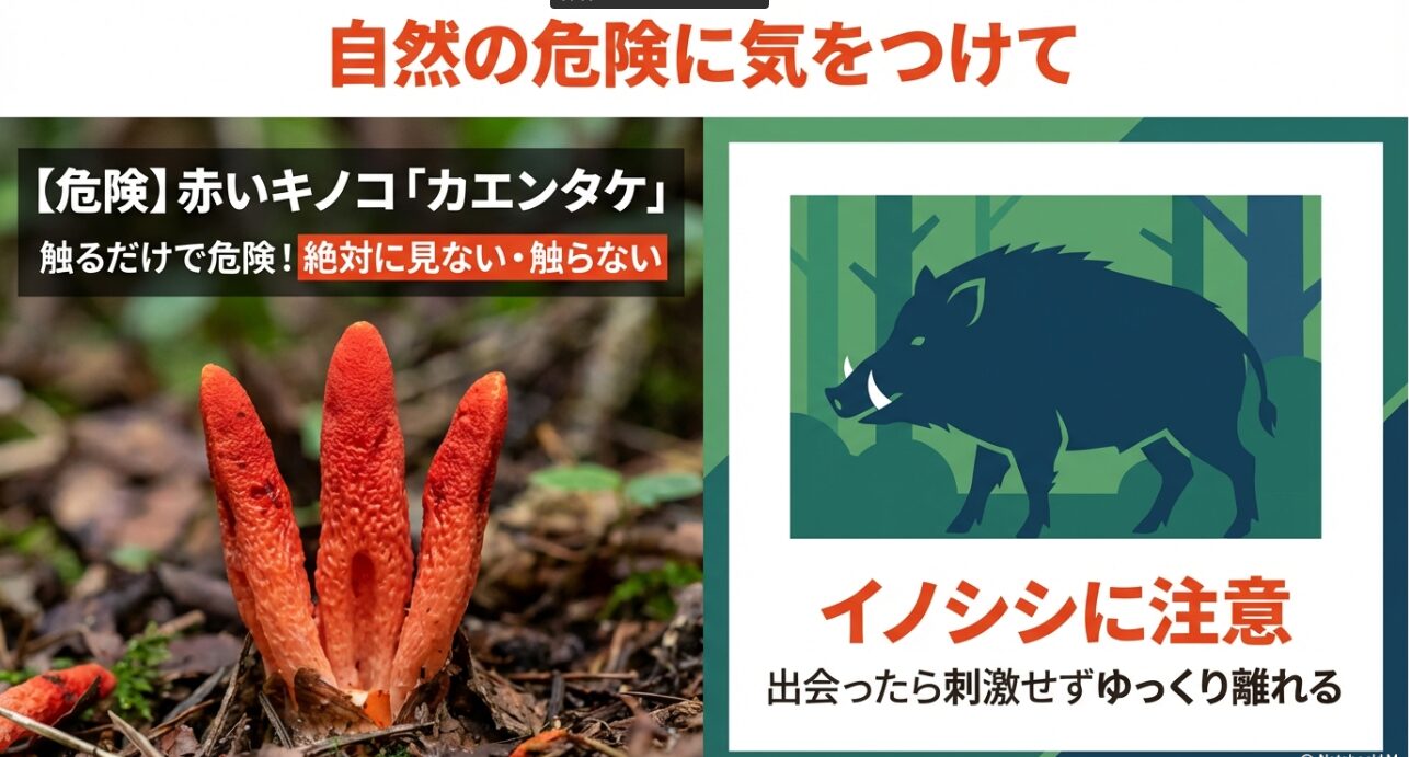 「自然を楽しむための安全対策」として、猛毒のカエンタケに触れないことや、イノシシに出会った際の対処法をイラストで解説した注意喚起スライド。