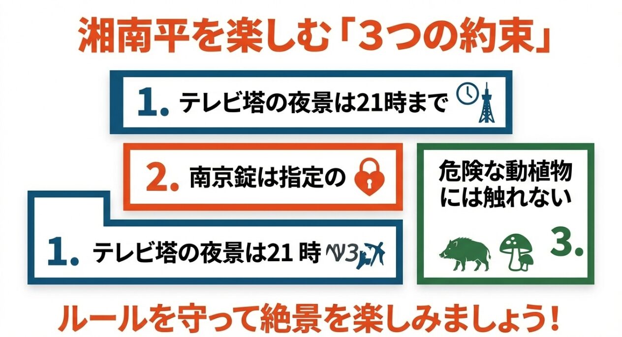 テレビ塔は21時閉鎖、南京錠はainowaへ、駐車場やカフェは早めの行動が吉、という「湘南平を楽しむ3か条」をまとめたスライド。
