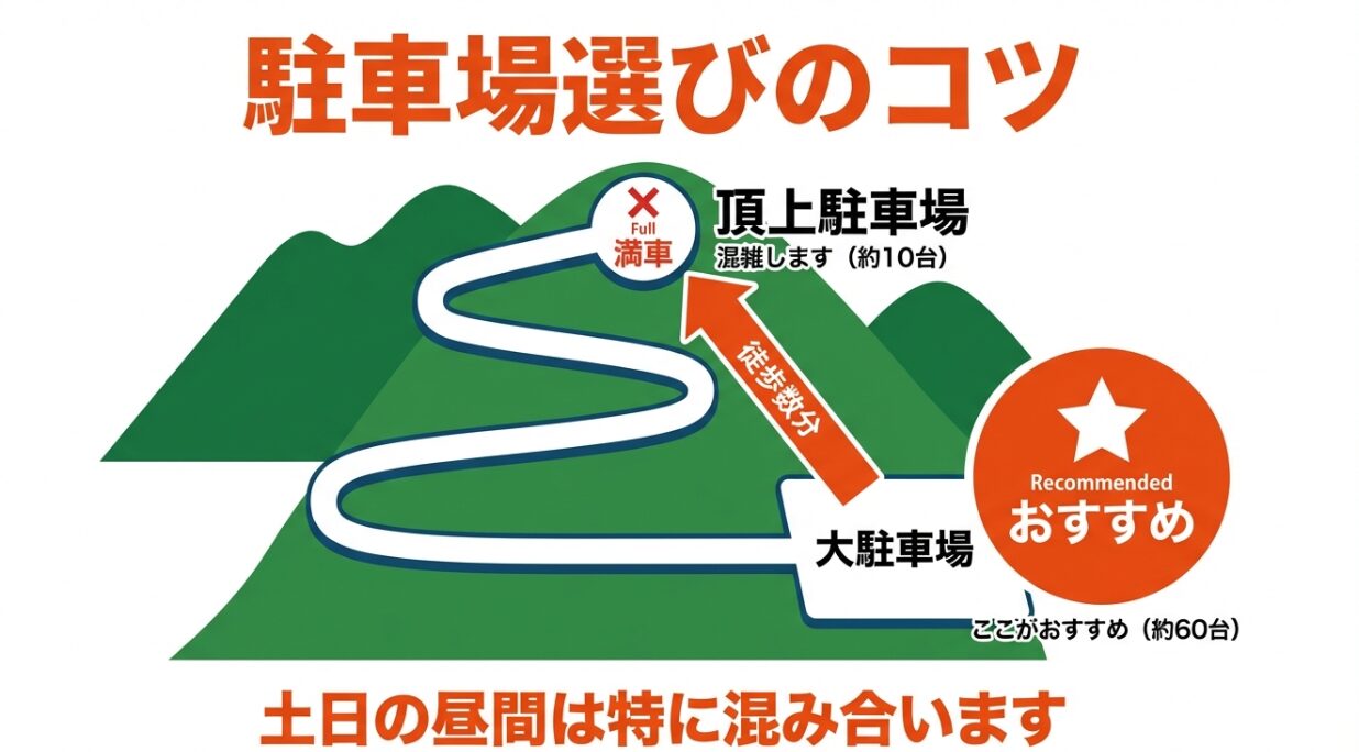 「駐車場選びのコツ」として、満車になりやすい頂上駐車場(約10台)よりも、収容台数に余裕がある大駐車場(約60台)の利用を推奨するスライド。土日の昼間は特に混雑する旨の注意書きあり。