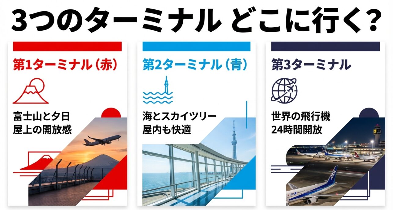 第1ターミナル(富士山と夕日)、第2ターミナル(海とスカイツリー)、第3ターミナル(世界の飛行機)の3つの特徴を色分けして紹介する比較スライド。