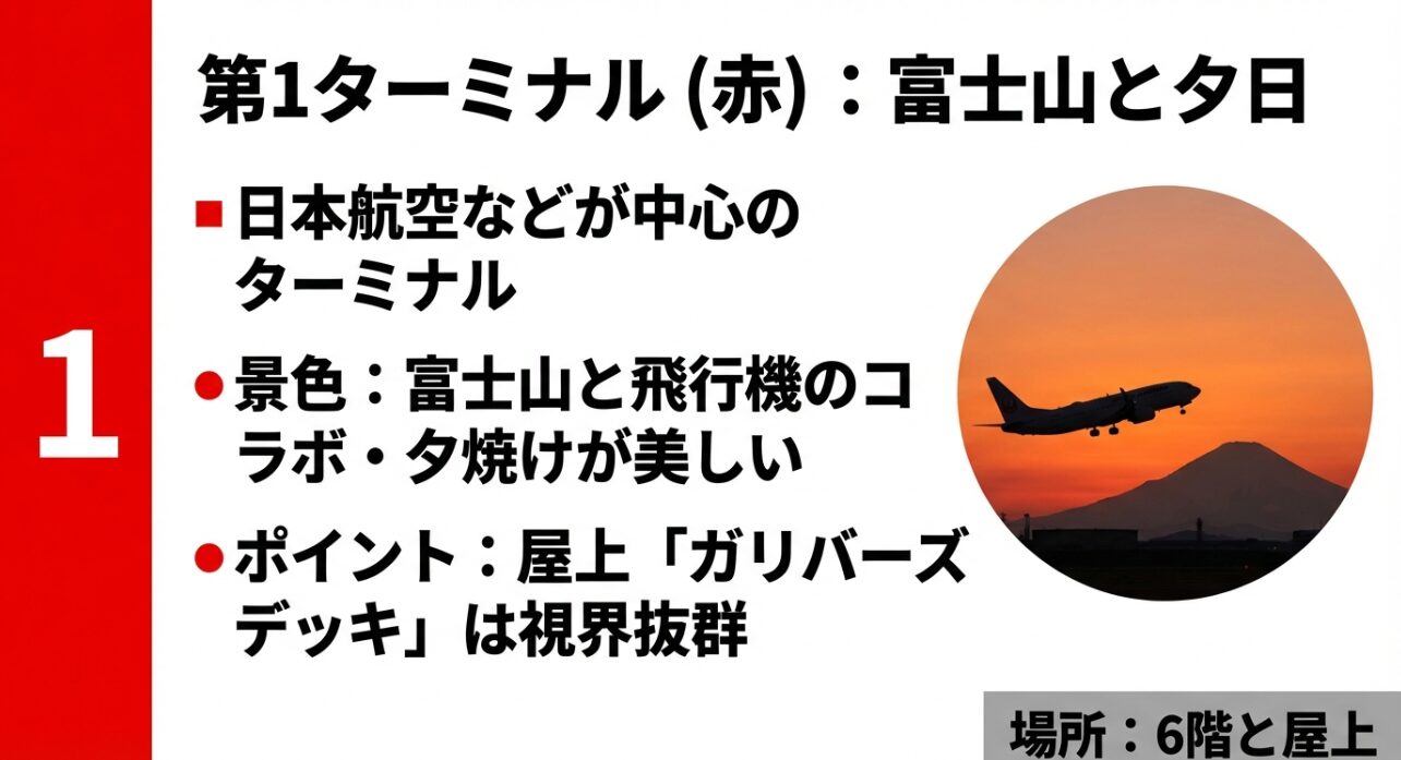 第1ターミナルの展望デッキの場所(6階と屋上)、富士山と夕景の魅力、ガリバーズデッキについて解説したスライド。