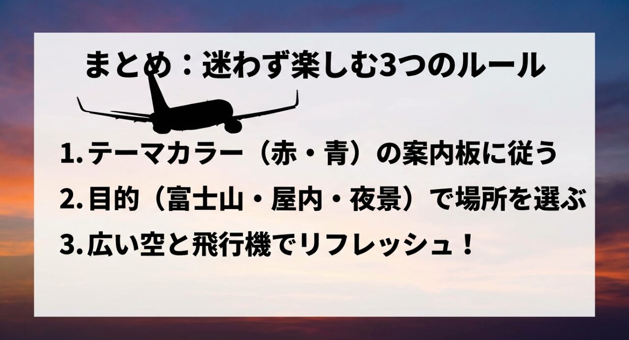 案内板の色を確認することや目的に応じた場所選びなど、羽田空港の展望デッキを迷わず楽しむためのポイントをまとめた最終スライド。