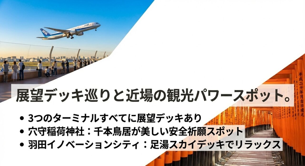 各ターミナルの展望デッキ、穴守稲荷神社、羽田イノベーションシティの足湯を紹介するスライド。