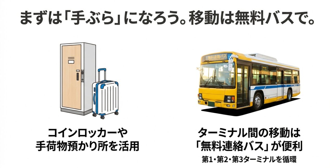 手荷物預かり所の活用と、第1・第2・第3ターミナルを循環する無料連絡バスの案内図。