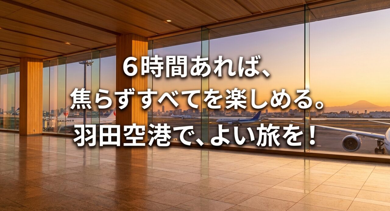 「6時間あれば、焦らずすべてを楽しめる。羽田空港で、よい旅を!」というメッセージ画像。